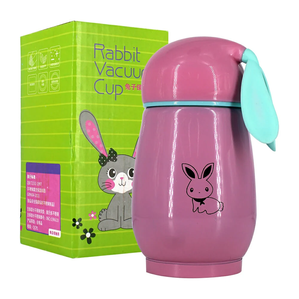 Termo liso de aluminio con estampado de conejo y stickers decorativos, variedad de colores / rabbit vacuum cup / qc01