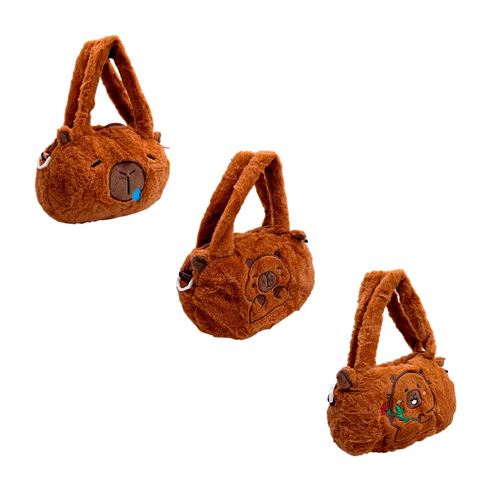 Bolso pequeño de mano afelpado, con bordeado en forma de capibara y asa colgante