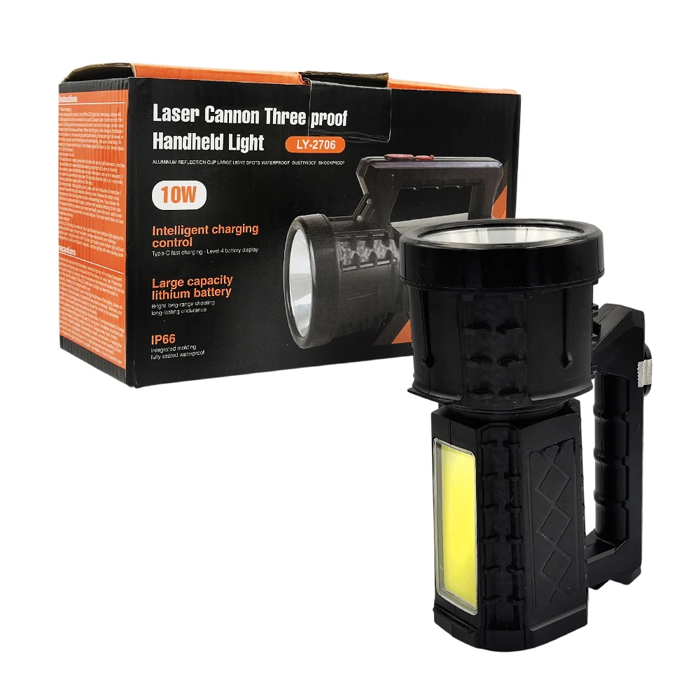 Linterna grande recargable con dos luces, varios tipos de intensidad, IP66