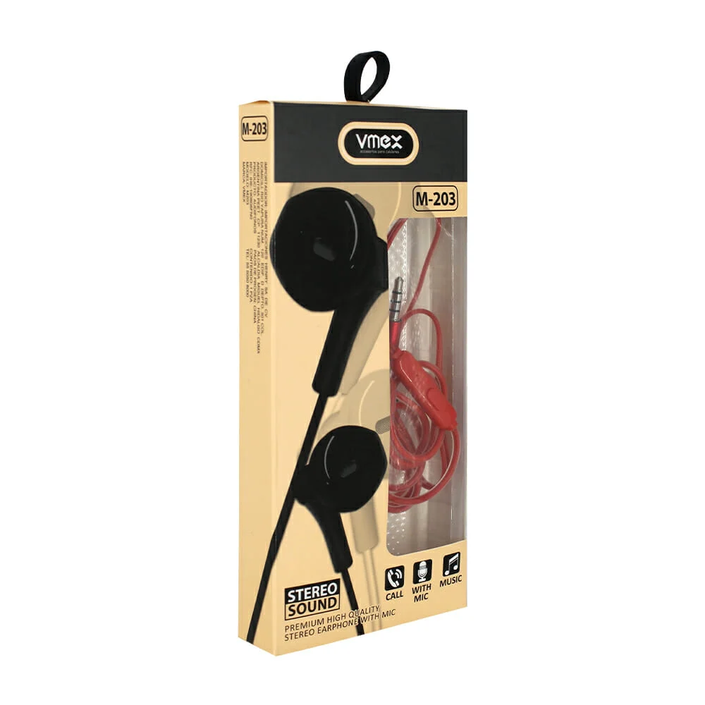 Auriculares alámbricos tipo earphones, con micrófono y entrada auxiliar, variedad de colores / m203 / vmex