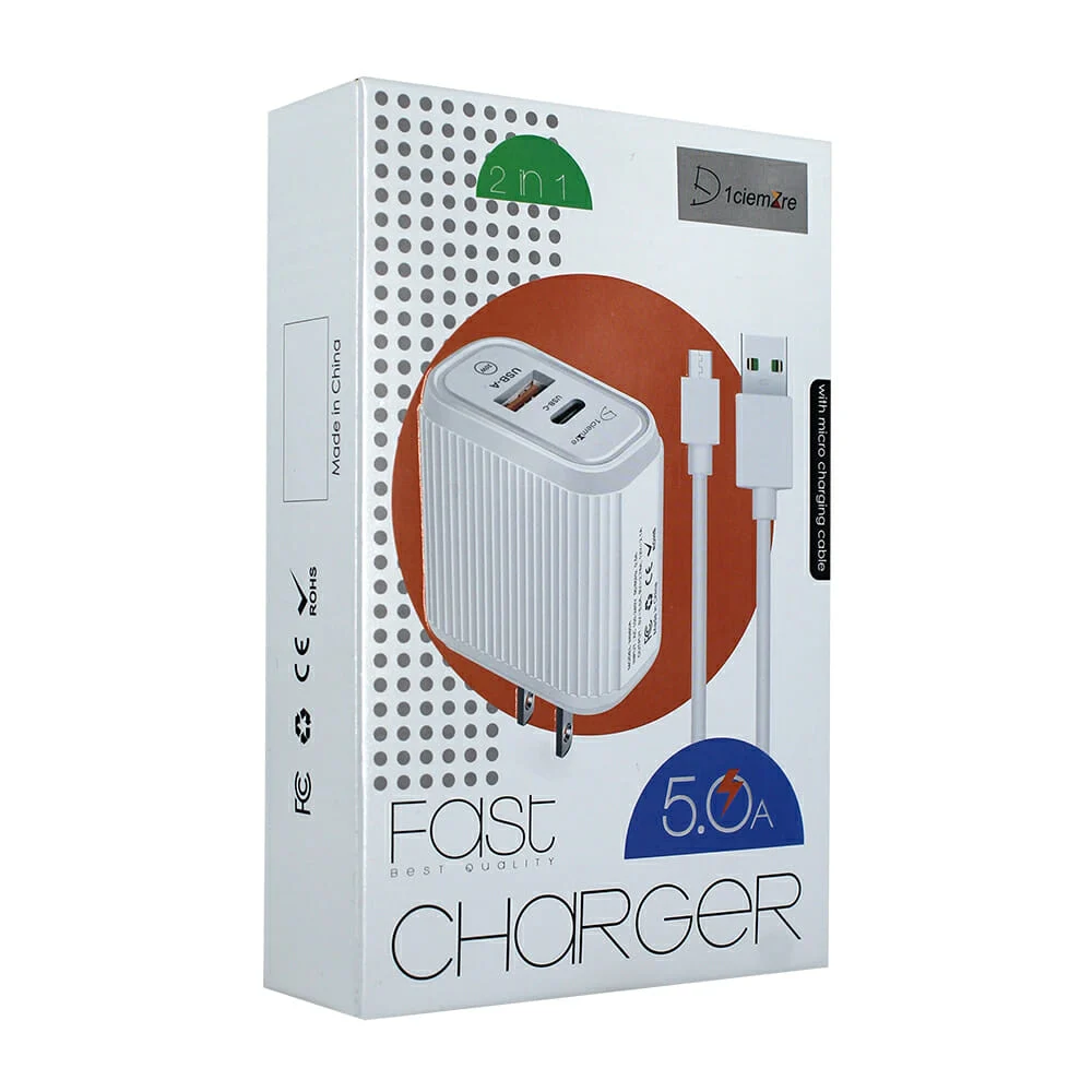 Combo cargador d1ciemzre tipo v8 y puerto tipo c para carga rápida 5a, variedad de colores / m-980a