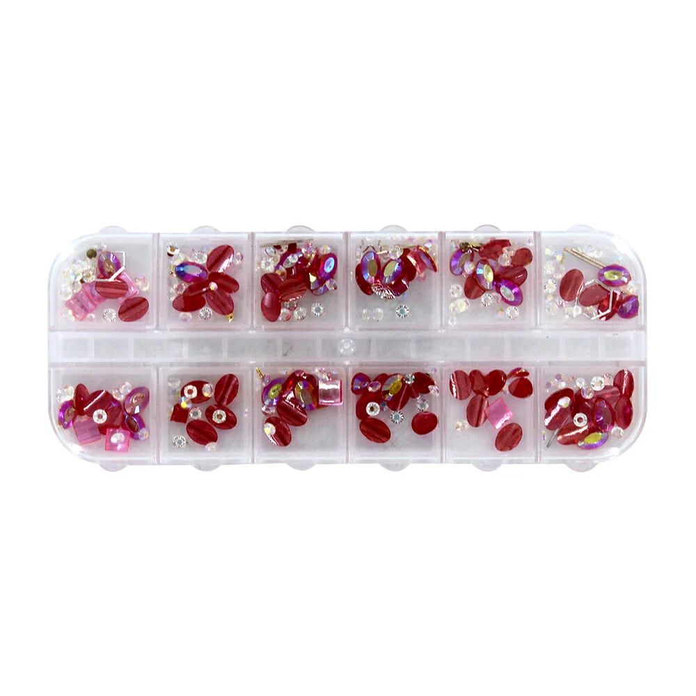 Estuche con 12 compartimientos de pedrería para uñas, rectangualar, variedad de colores / mc20-k23 / R1134/DECORACION UÑA