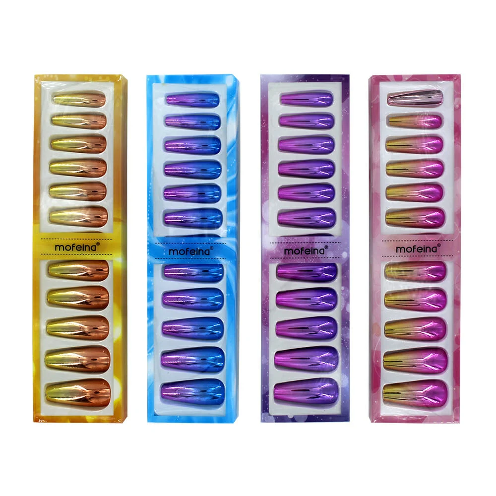 Set con 12 uñas postizas bicolor en tono metálico, variedad de colores / mofeina