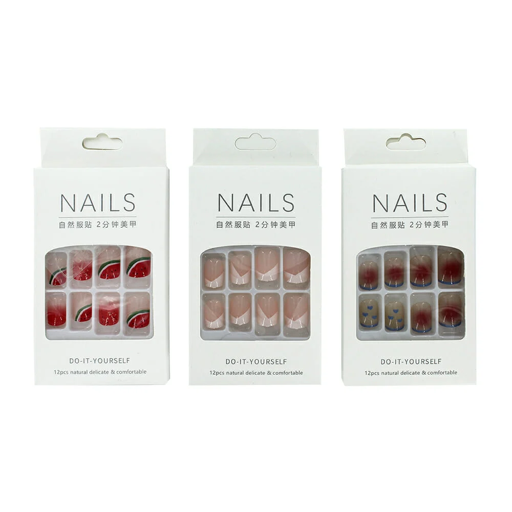 Set con 12 uñas postizas con diseño y planilla transparente, variedad de diseños / nails