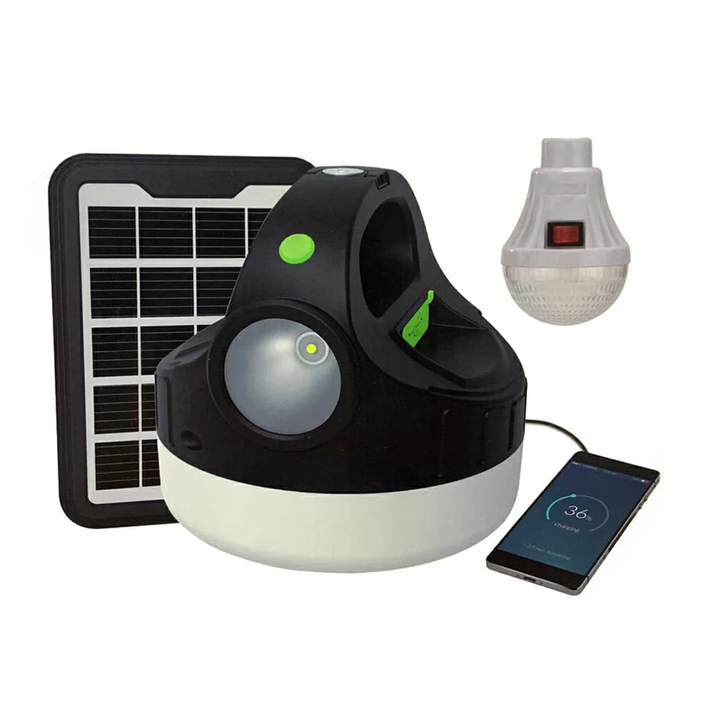 Lámpara led colgante redonda moreka con panel solar, foco led luz blanca y puerto usb para función de batería portátil power bank / mor-p20