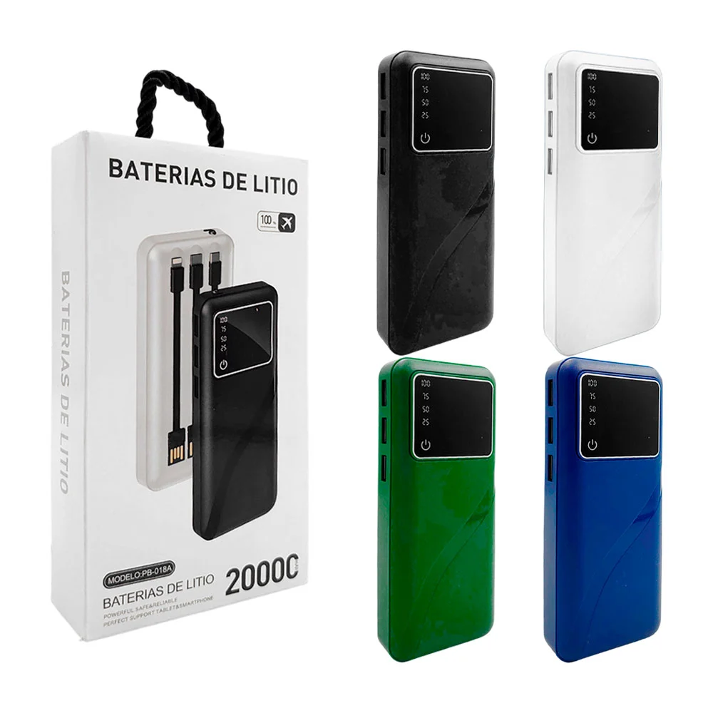 Power bank de 20000mah + 3 cables, 3 puertos usb y pantalla digital / pb-018a