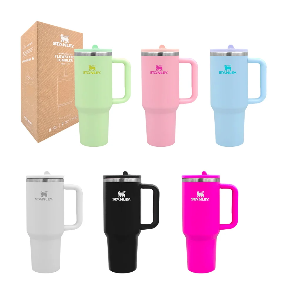 Termo metálico grande con asa agarradera y popote plegable, colores varios/ 40oz