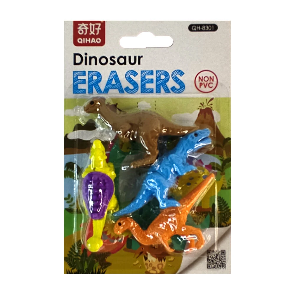 Blister con 4 pzs de borradores de dinosaurio, variedad de colores / dinosaur erasers