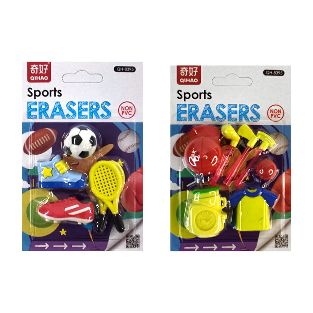 Blíster con 4 pzs de borrador en forma de objetos deportivos, variedad de diseños y colores / sports erasers