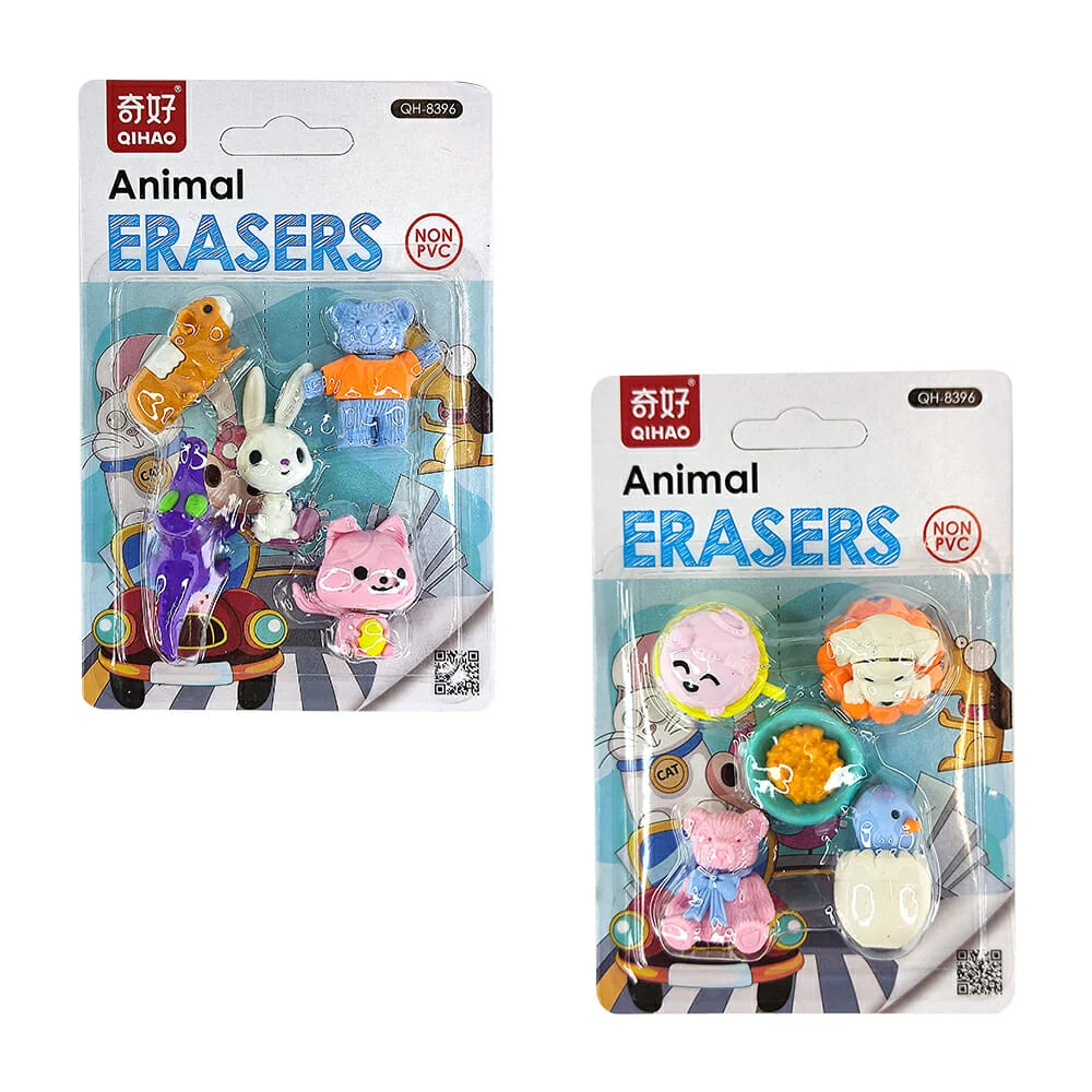 Blíster 5 pzs de borradores con diseño de animales, variedad de modelos / animal erasers