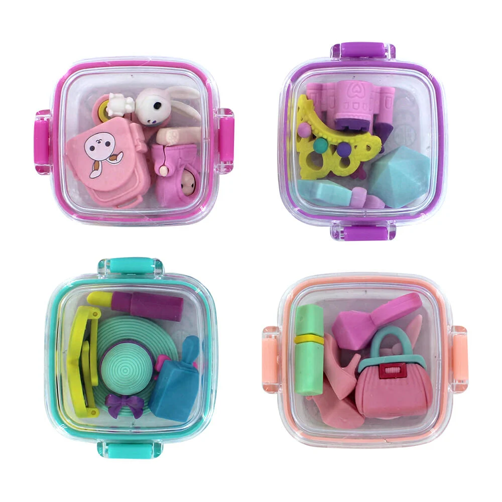 Mini tupper transparente con 4 o 5 borradores de temática de accesorios para niña / qh8609