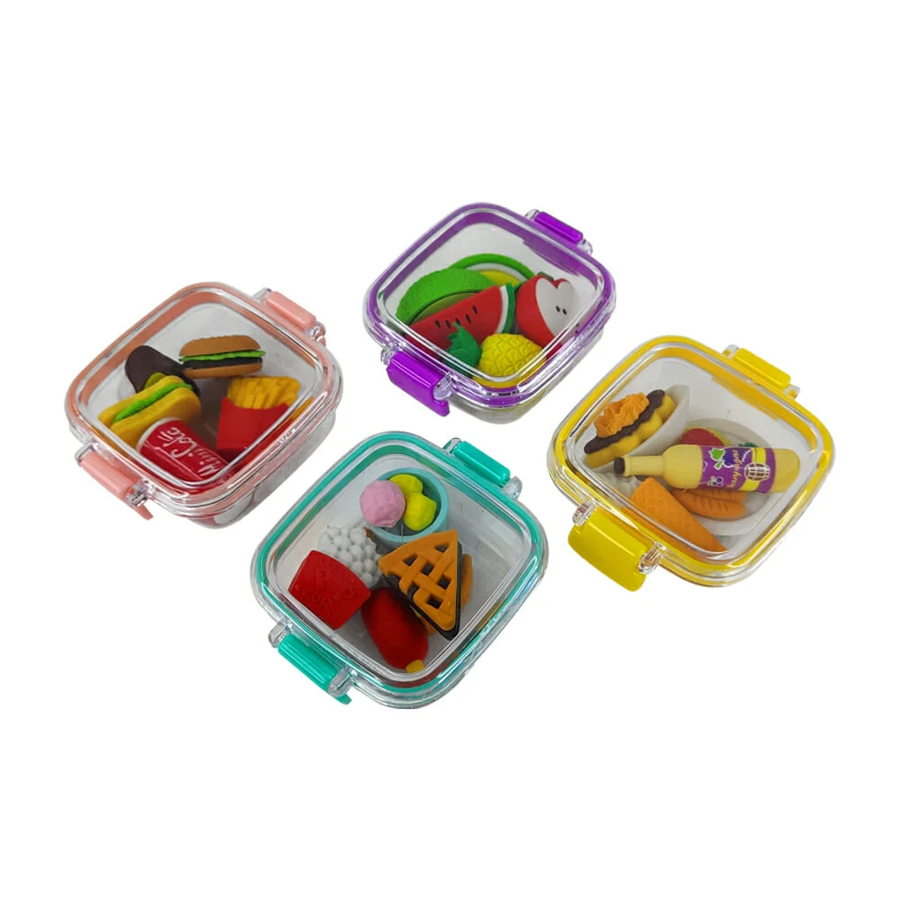 Mini tupper transparente con borradores en forma de comida, variedad de diseños y colores