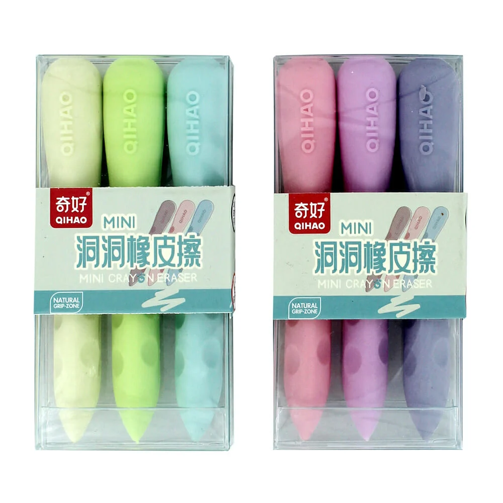 Paquete de 3 borradores con forma de mini crayones, variedad de colores / qh8871