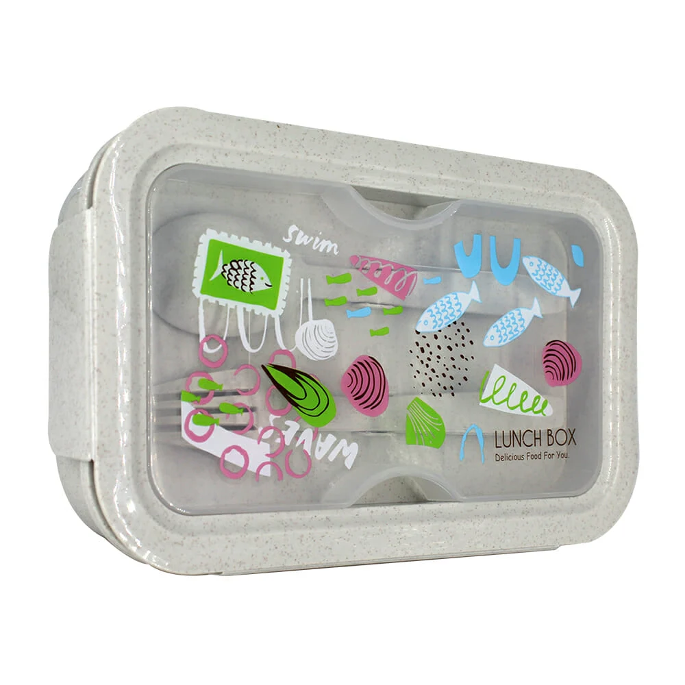 Tupper rectangular de dos compartimientos + cubiertos de plástico, variedad de diseños / rpc9182