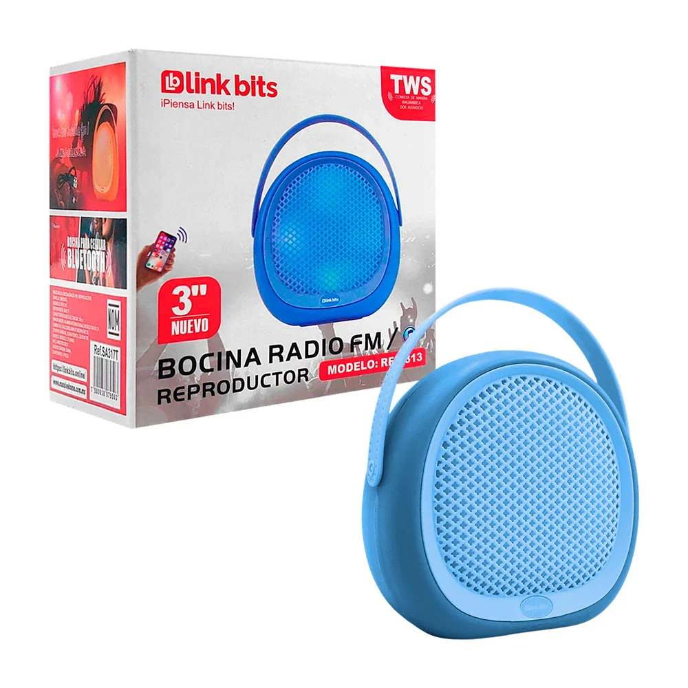 Bocina portátil 3´, color liso, luz rgb, fm, usb-tf, recargable con asa