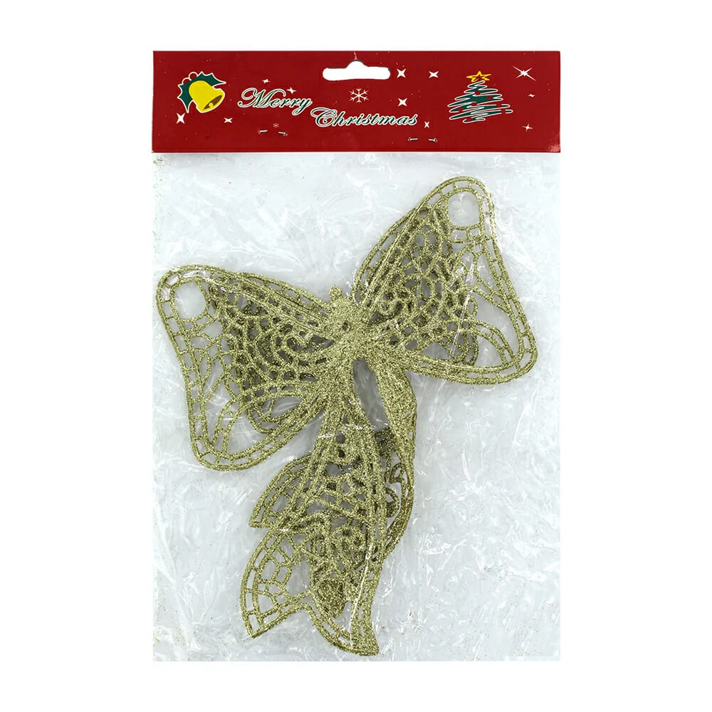 1pza Adorno colgante en forma de moño con brillantina dorada, 15cm / merry christmas / r1124