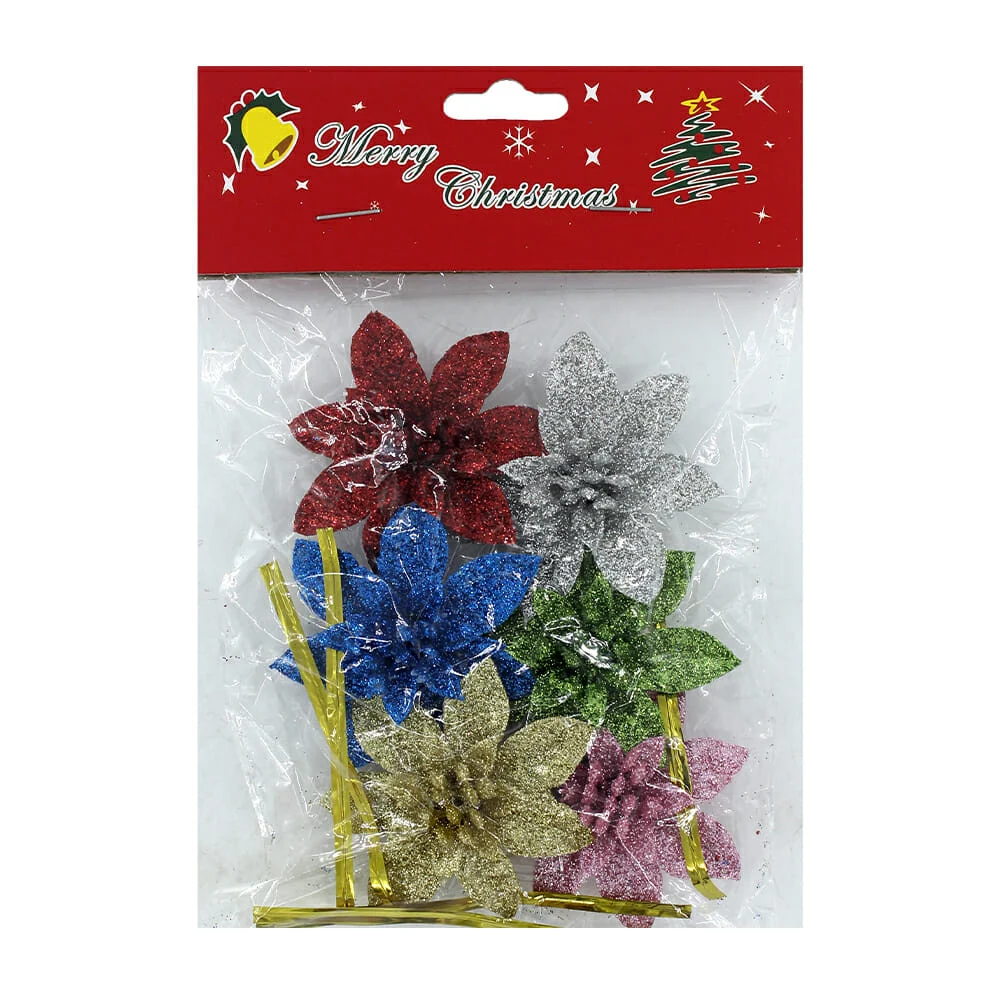 Paquete de 6 flores noche buena con brillantina, variedad de colores / sd-1243 / R1193