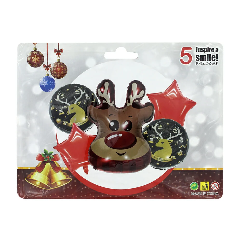 Paquete de 5 globos metálicos con reno y estampado de navidad / sd-949