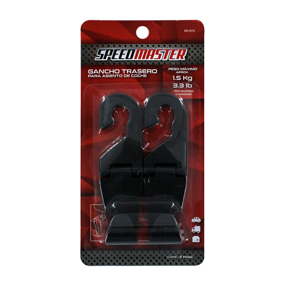 Blíster con 2 ganchos de plástico para asiento de coche, peso máximo 1.5kg / speed master / sm-gt3