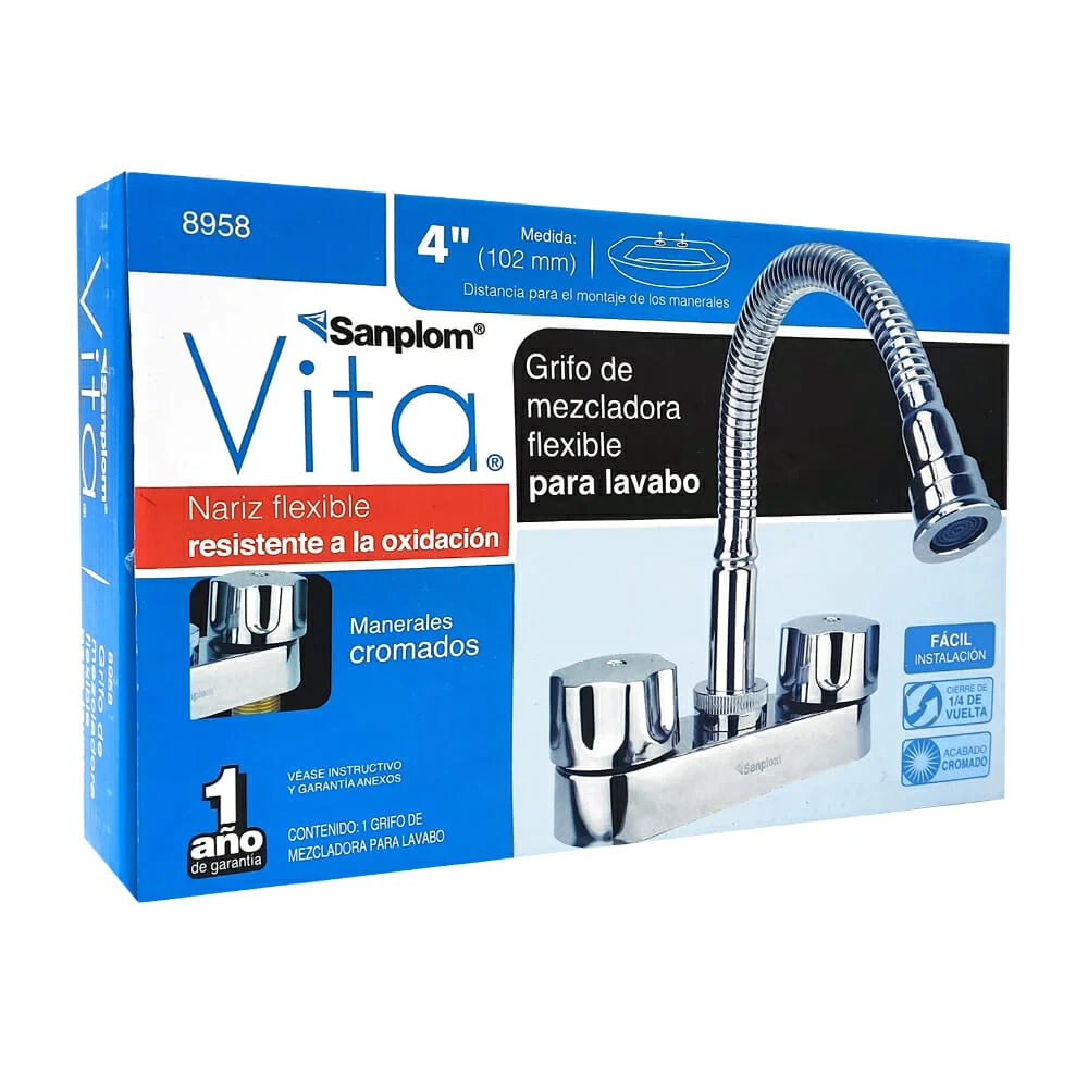 Grifo de mezcladora de 4 pulgadas con cuello flexible y acabado cromado para lavabo / 8958
