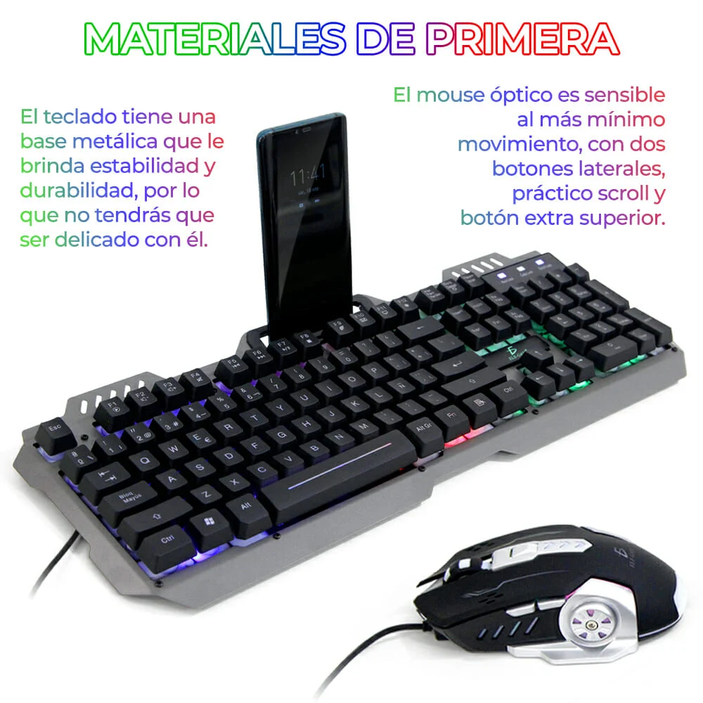 Teclado luz gamer con mouse y soporte de...