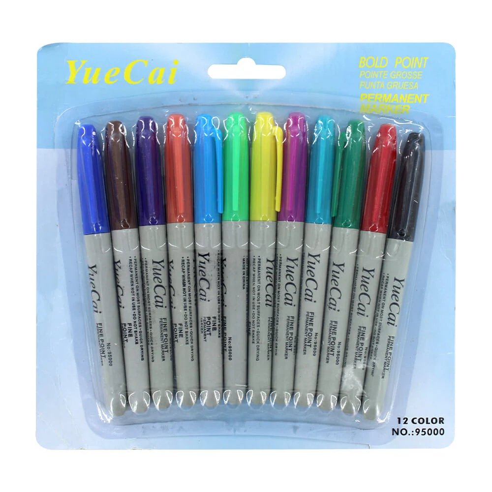 Blíster 12 marcadores plumones permanentes yue cai de colores / 95000 / st37526 / 9500-2 / shi you / 95000-c / bo-43 / j001