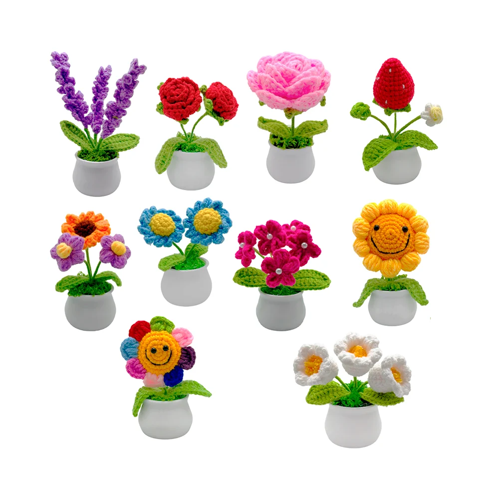Mini maceta decorativa con flor de crochet, variedad de modelos / x-895
