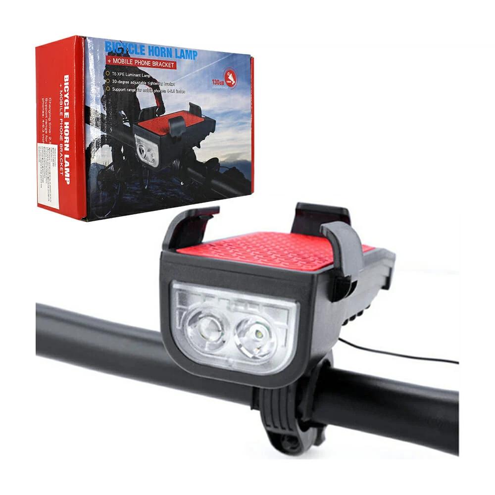 Lámpara led frontal multifuncional con claxon y soporte para teléfono celular, ajustable a manubrio de bicicleta / bicycle horn lamp