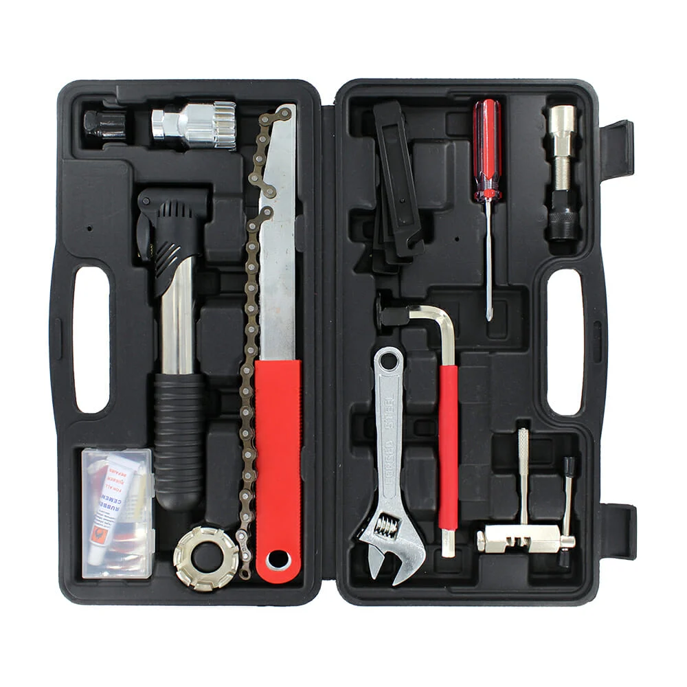 Estuche con bomba manual para inflar, llave cuchillo con cadena, estuche de emergencia para bicicleta y 11 accesorios / t-606-mj03