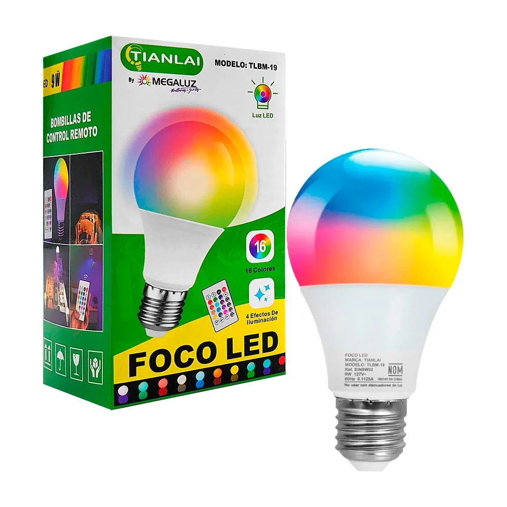 Foco led rgb 16 colores, 9w, e27, con ef...