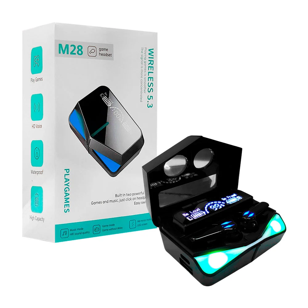 Audífonos inalámbricos con estuche de carga, luces led e indicador de batería / m28 / tws-7304