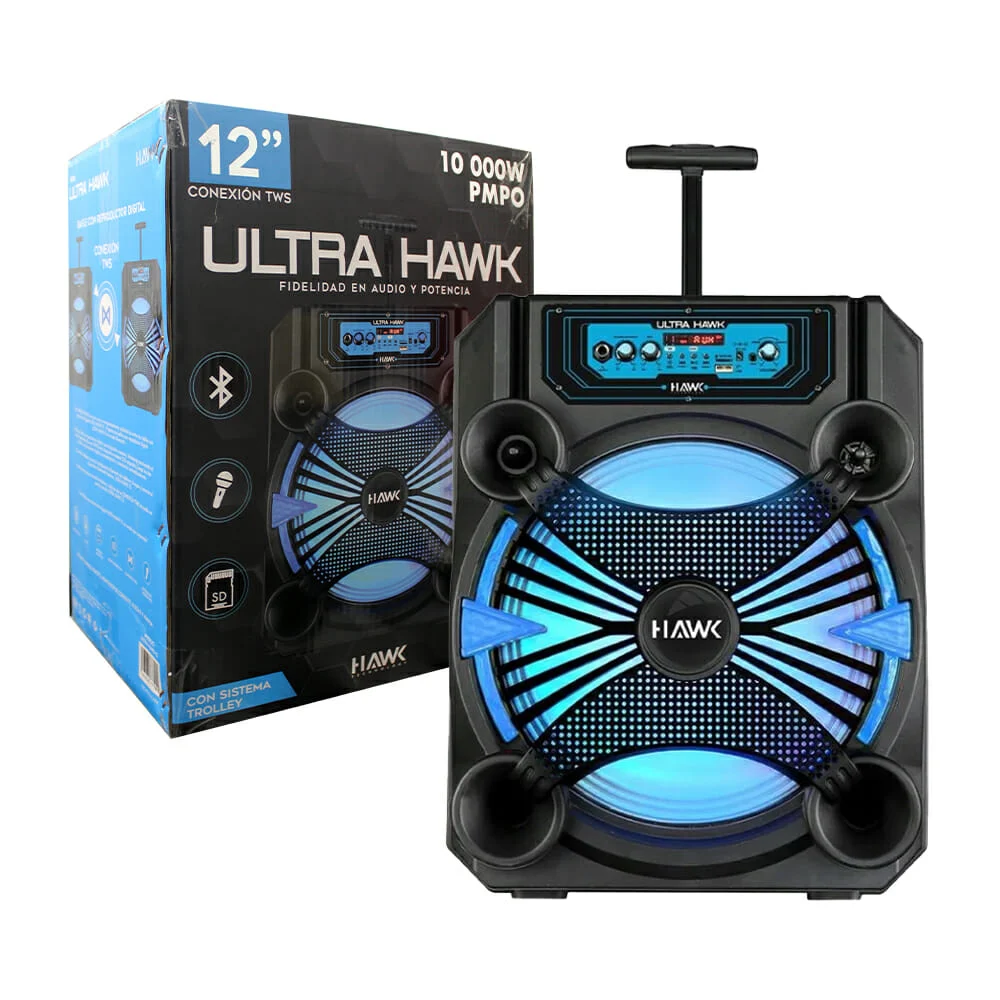 Bafle bocina hawk bluetooth de 12 pulgadas con conexión tws, luz y ranuras para sd y usb / ultra hawk-12