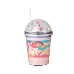 Vaso de acrílico chico + popote y tapa con diseño de unicornio con bo…
