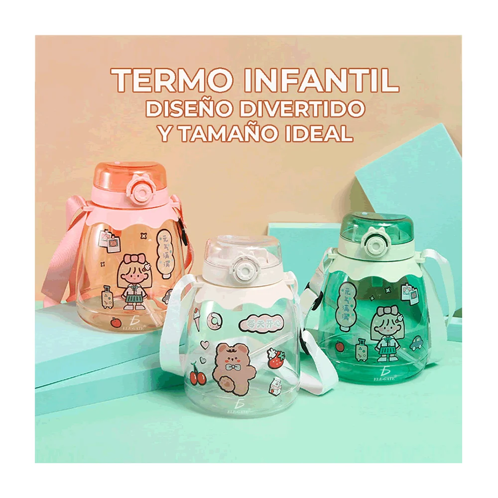 Botella chica infantil traslúcida con medidor motivacional, doble boquilla, 1.3lt de capacidad, popote y stickers decorativos, variedad de colores y diseños