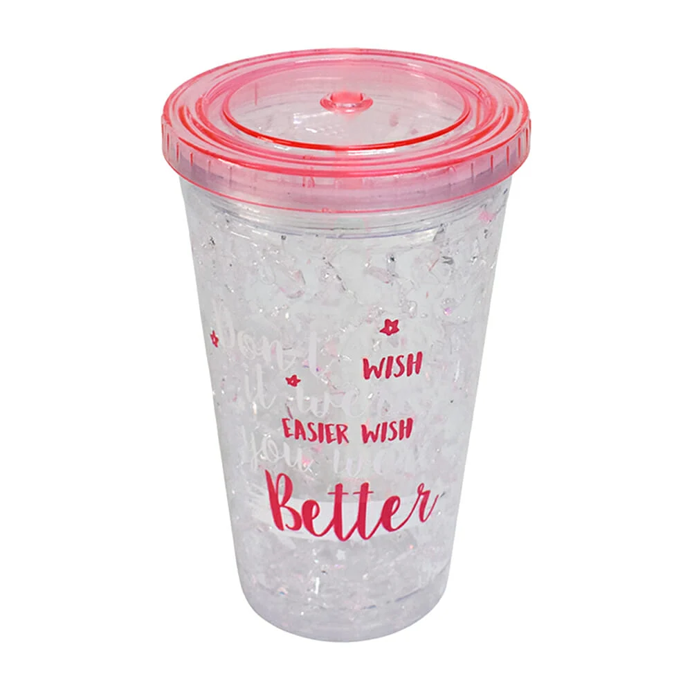 Vaso de acrílico con efecto hielo + frase y tapadera / bz-782