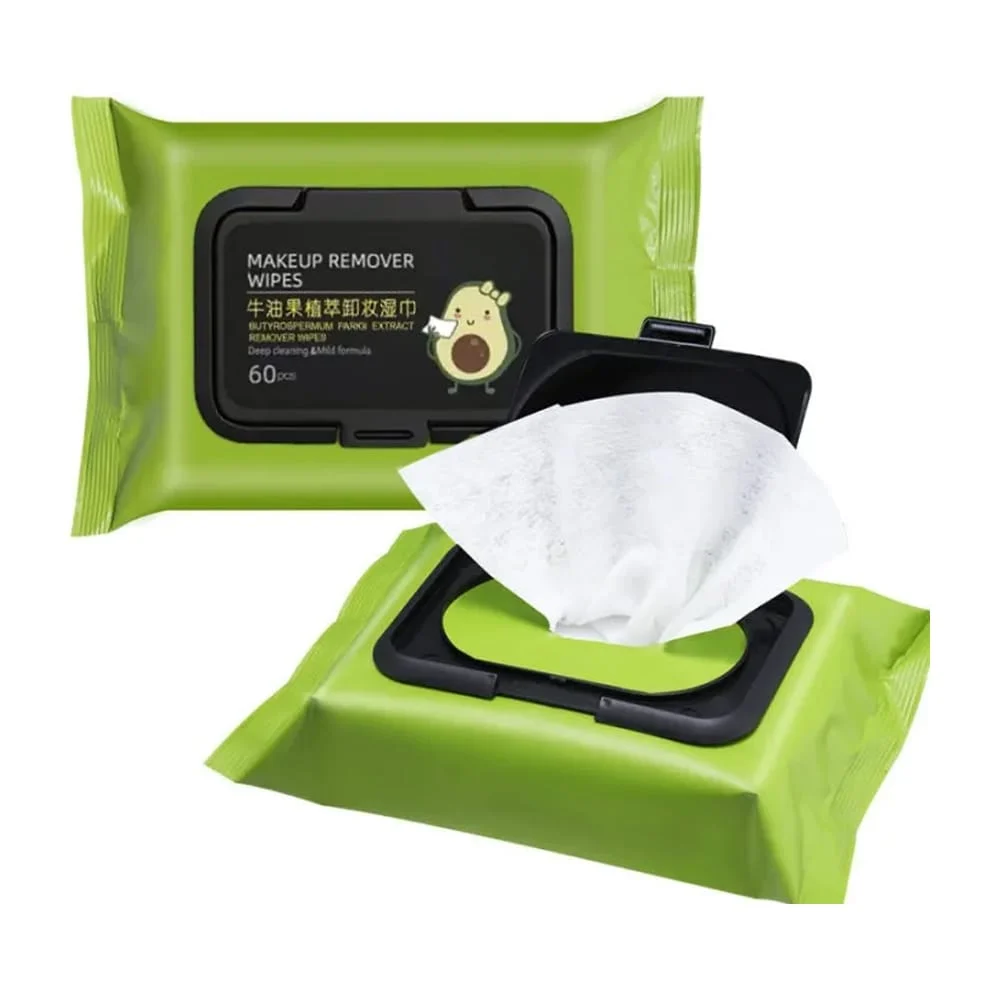 Paquete de 60 toallitas desmaquillantes con extracto de aguacate, elimina el waterproof, antioxidante y purificante / makeup remover wipes / w29-7 / gb15979