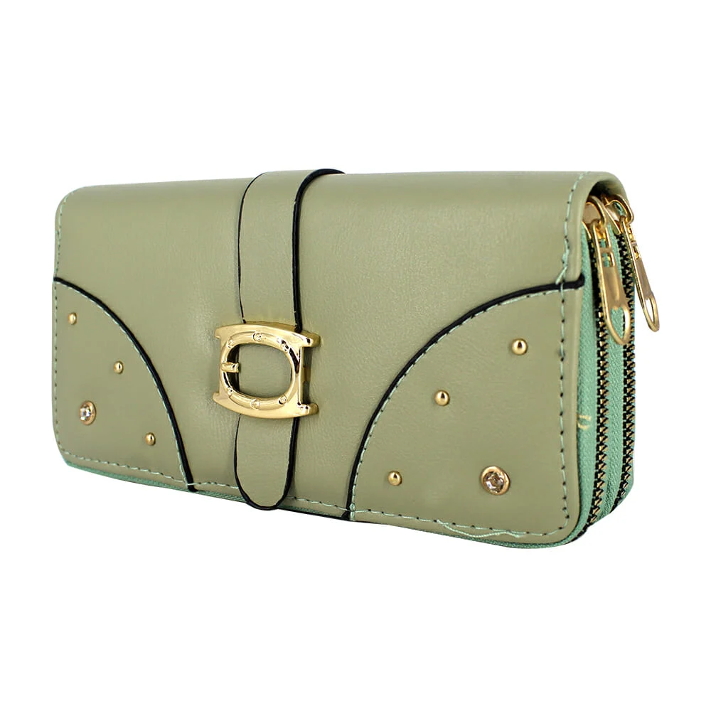 Cartera de piel sintética con 2 compartimientos, decoración tipo piedras y broche, variedad de colores / wgt2-47