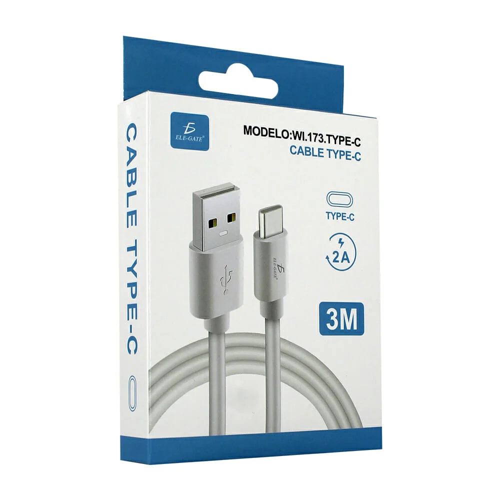 Cable usb ele-gate de 3 metros con entrada tipo c para transferencia de datos y carga 2a / wi.173.type-c