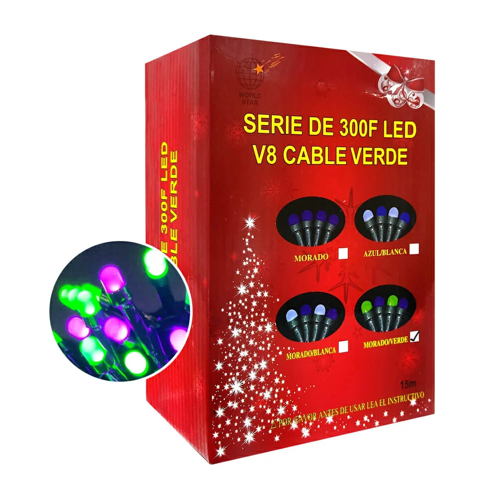 Serie bicolor de cable verde con 300 focos led de luz morada y verde / ws-4002-v