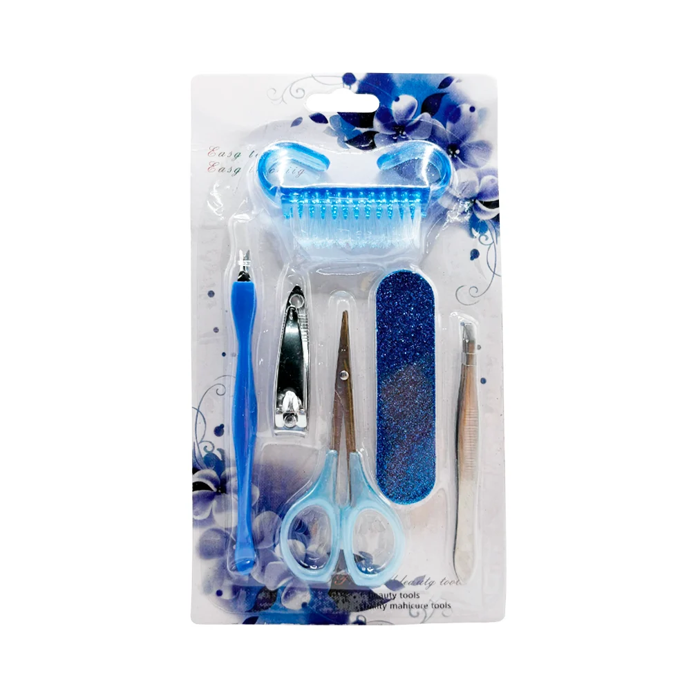 Set de manicure con 1 cepillo, lima para uñas, pinzas para ceja, tijeras, cortauñas y removedor de cutícula, variedad de colores / beauty tools / y-222