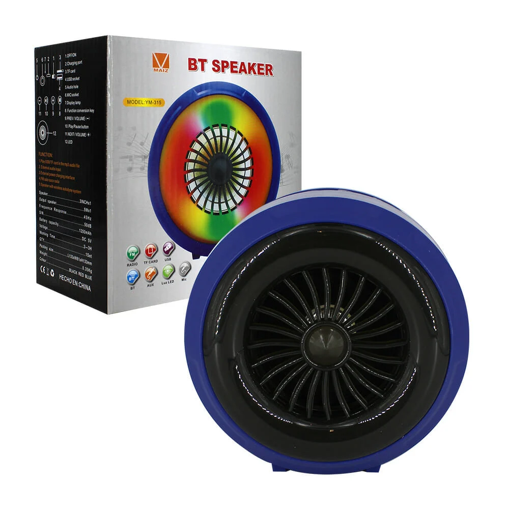 Bocina bluetooth redonda de espiral con luz led tf/usb/fm ym-315