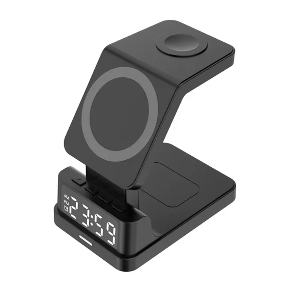 Cargador inalámbrico 4 en 1 / estación de carga rápida para celular, airpods y smart watch + reloj digital / s17 / ze-1916