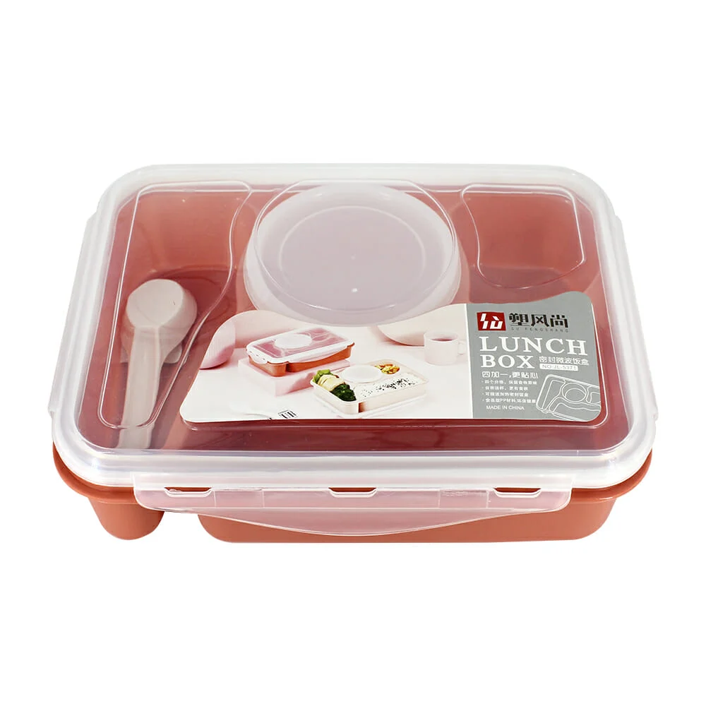 Tupper rectangular de plástico con 4 compartimientos y recipiente transparente, variedad de colores / jl-5371 / fh-5371