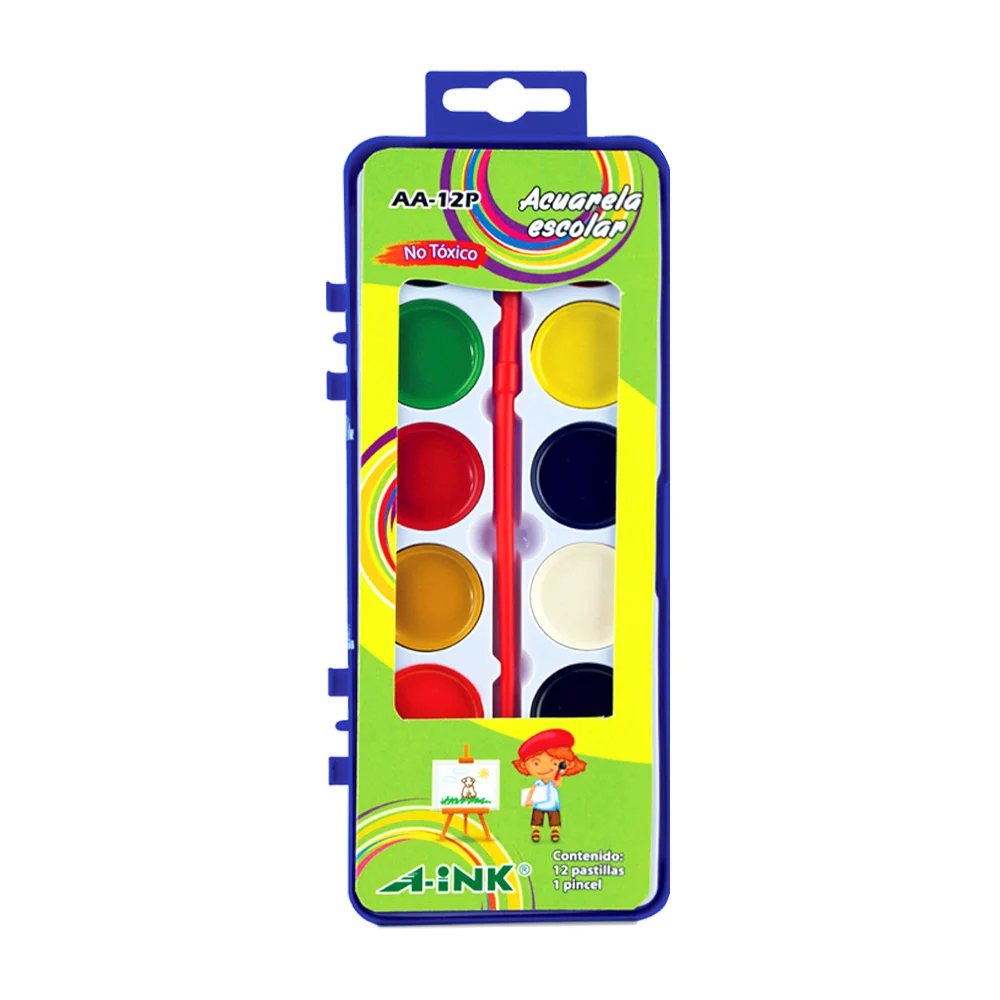 Paquete con 12 pinturas acuarelas + pincel, color surtido / aa-12p