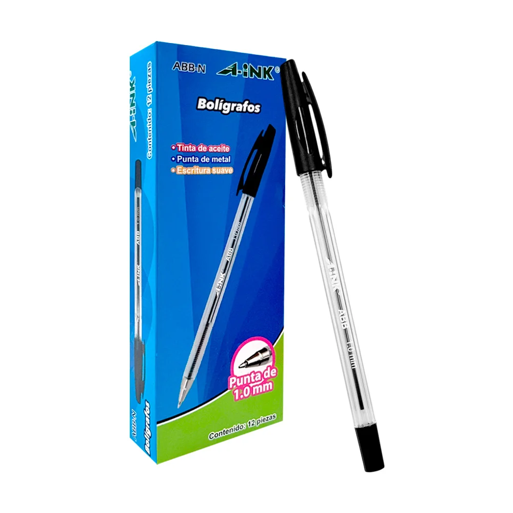 Paquete con 12 plumas-boligrafos en color negro, punta 1.0mm / abb-n