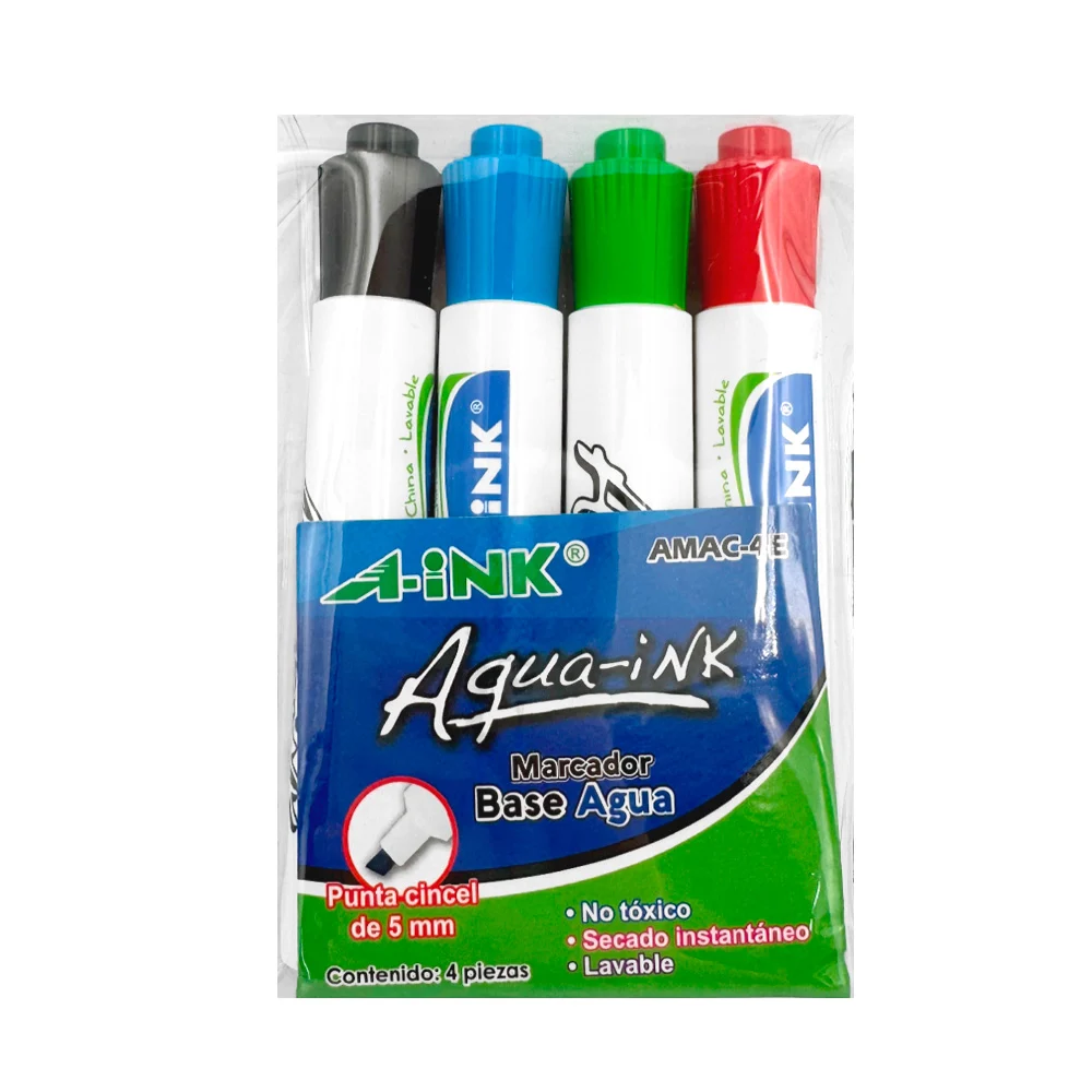 Paquete con 4 marcadores a base de agua con punta cincel, color surtido