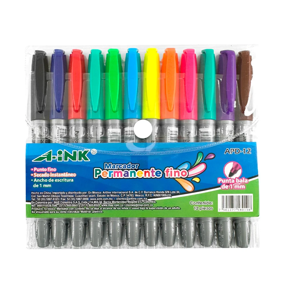 Paquete con 12 marcadores permanentes de punta fina, color surtido / apd-12