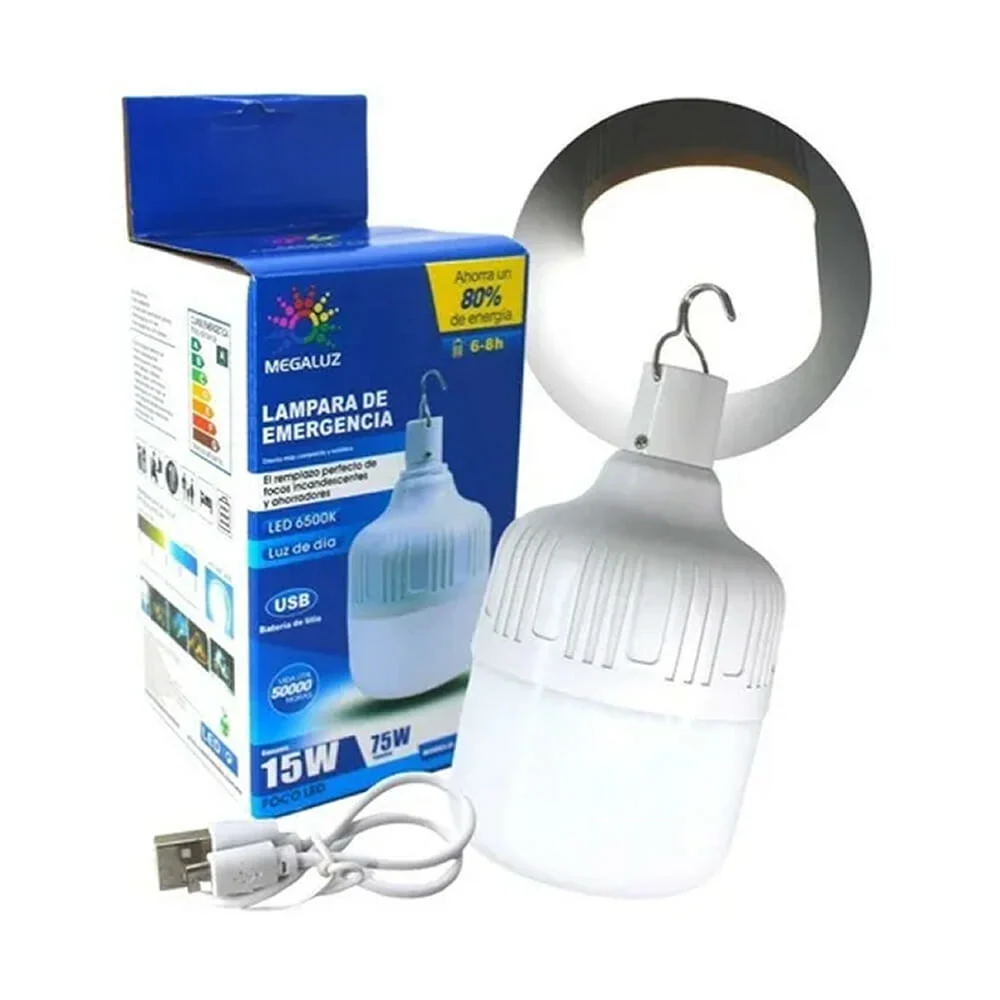 Foco / lámpara led de emergencia estilo camping, recargable, 3 modos de iluminación, 6500mk, 15w y gancho colgante / em04w15 / mlem-05
