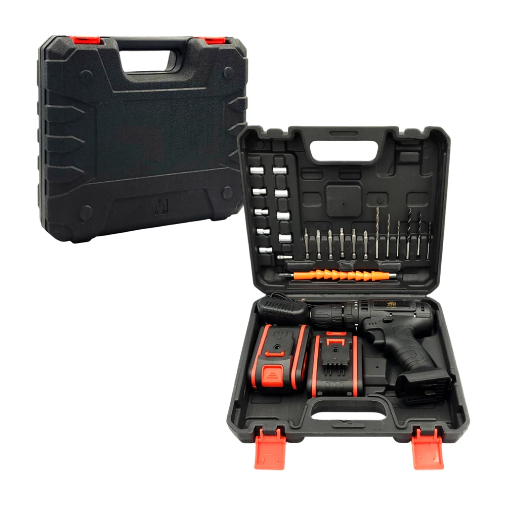 1pza Estuche grande con taladro manual tipo pistola, 2 baterías recargables, dados metálicos, brocas intercambiables y extensor, variedad de funciones / hl / jmq1212