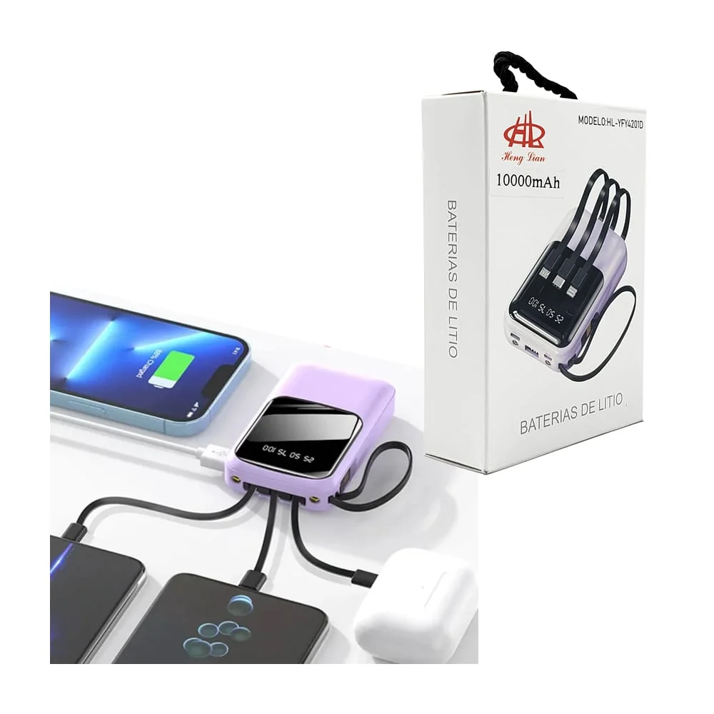 Power bank batería portátil heng lian con cable tipo c, v8 y iphone lightning, lámpara y capacidad de 10000mah, variedad de colores
